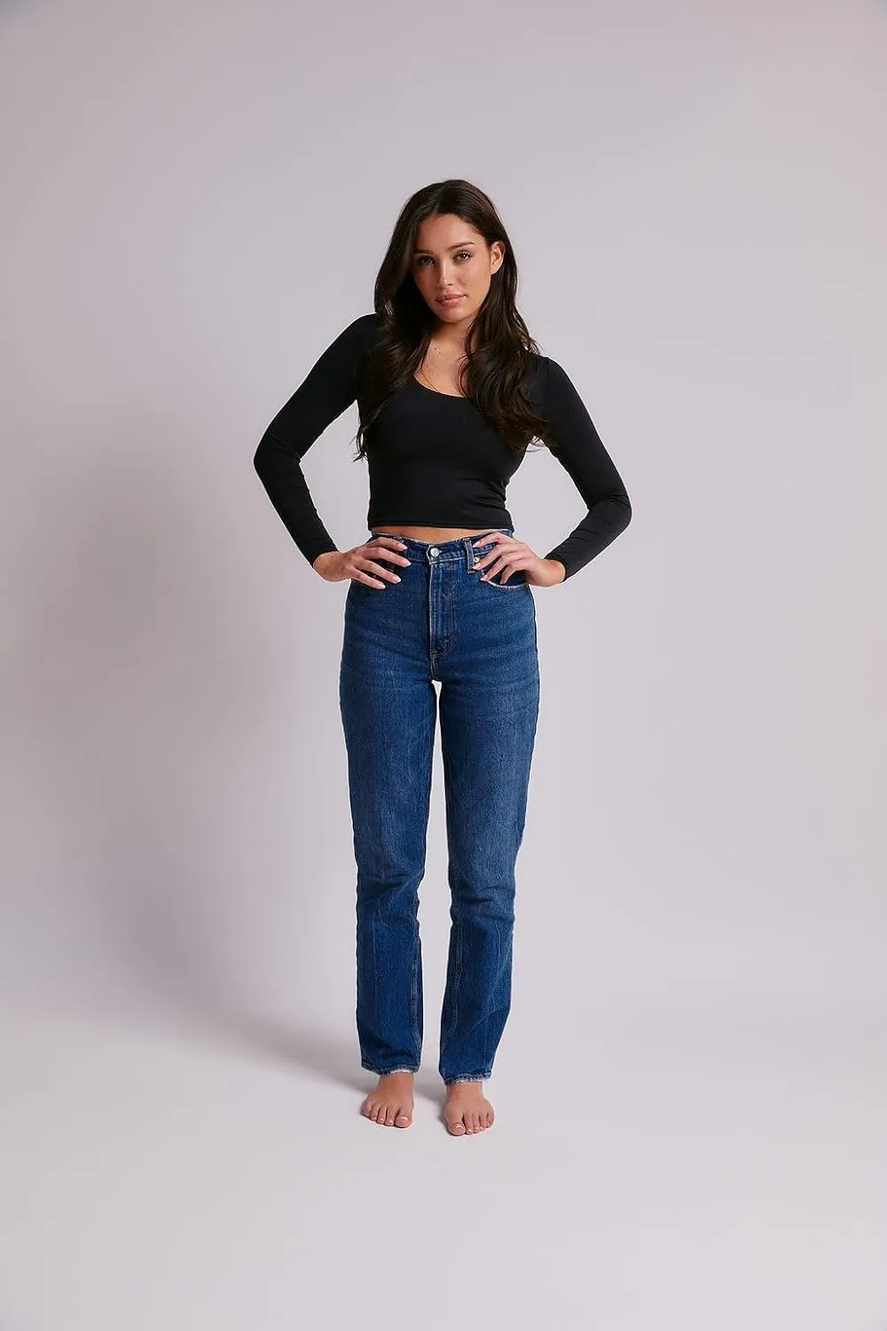 Almere Long Sleeve Top for Women, Contour Double-Lined Seamless Smooth Fabric Sleeved Basic Top w/Low Neck Cut