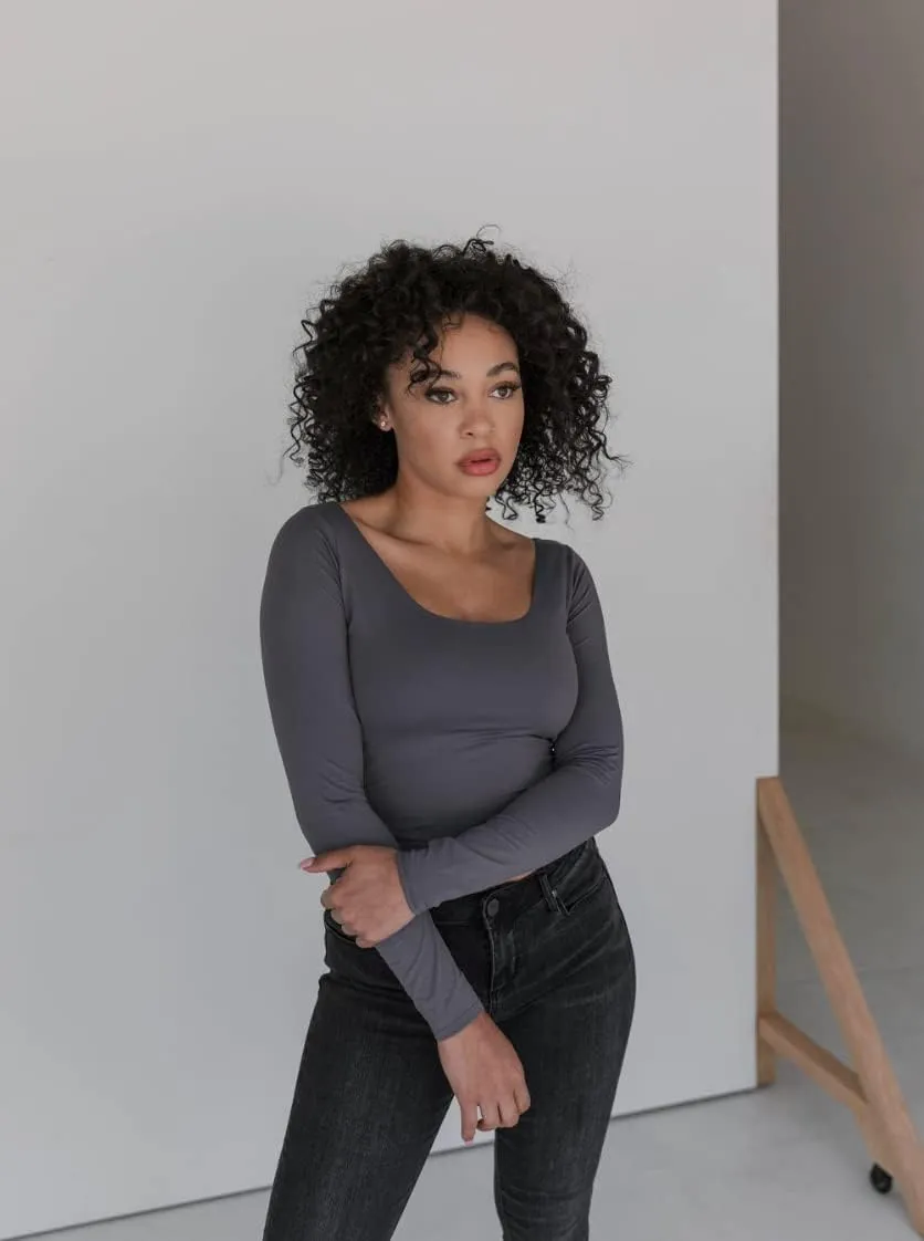 Almere Long Sleeve Top for Women, Contour Double-Lined Seamless Smooth Fabric Sleeved Basic Top w/Low Neck Cut