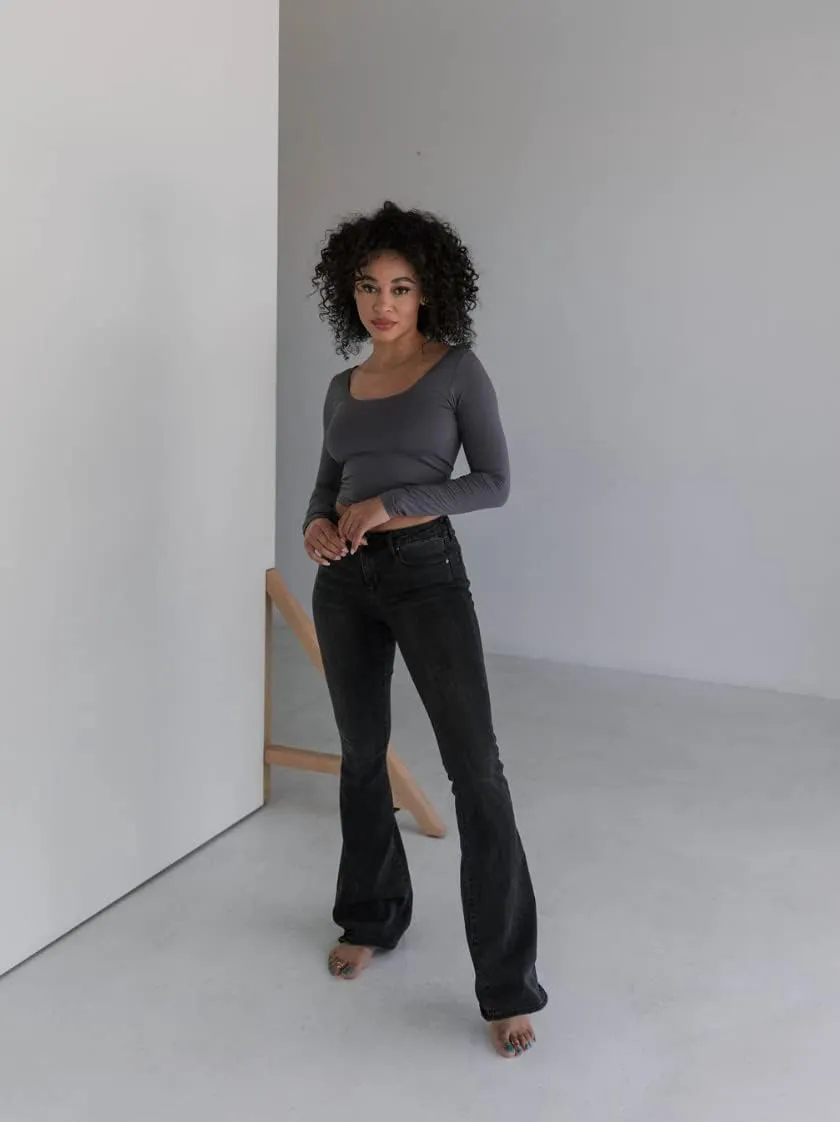 Almere Long Sleeve Top for Women, Contour Double-Lined Seamless Smooth Fabric Sleeved Basic Top w/Low Neck Cut