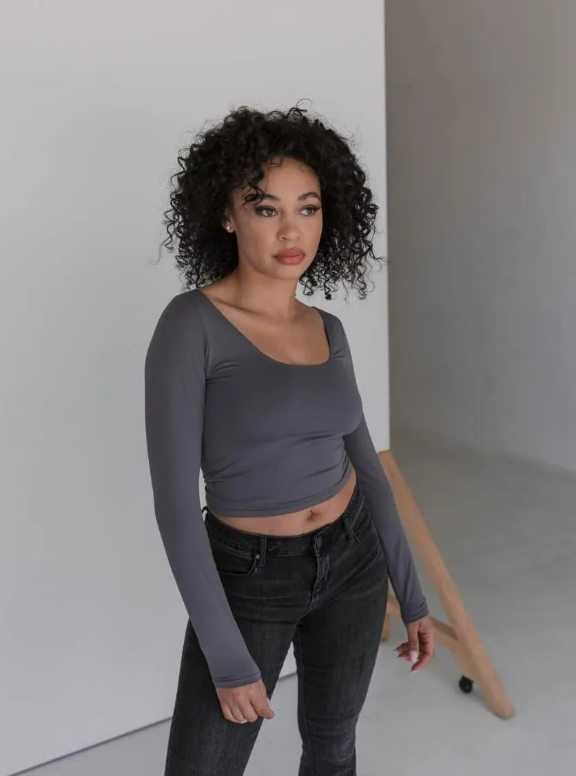 Almere Long Sleeve Top for Women, Contour Double-Lined Seamless Smooth Fabric Sleeved Basic Top w/Low Neck Cut