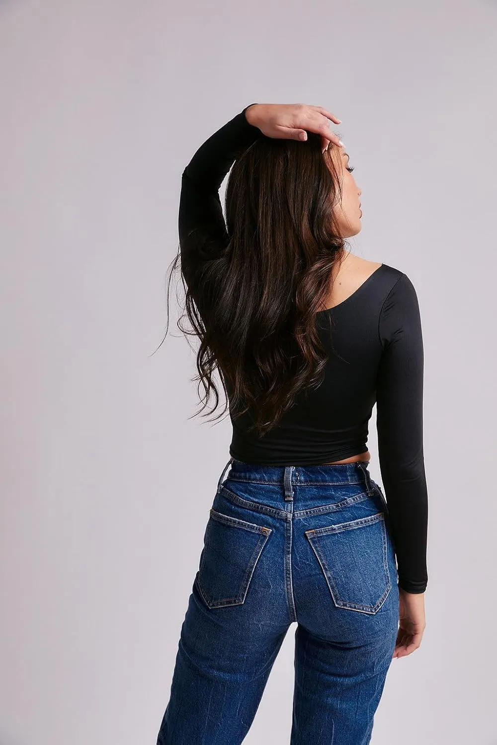 Almere Long Sleeve Top for Women, Contour Double-Lined Seamless Smooth Fabric Sleeved Basic Top w/Low Neck Cut