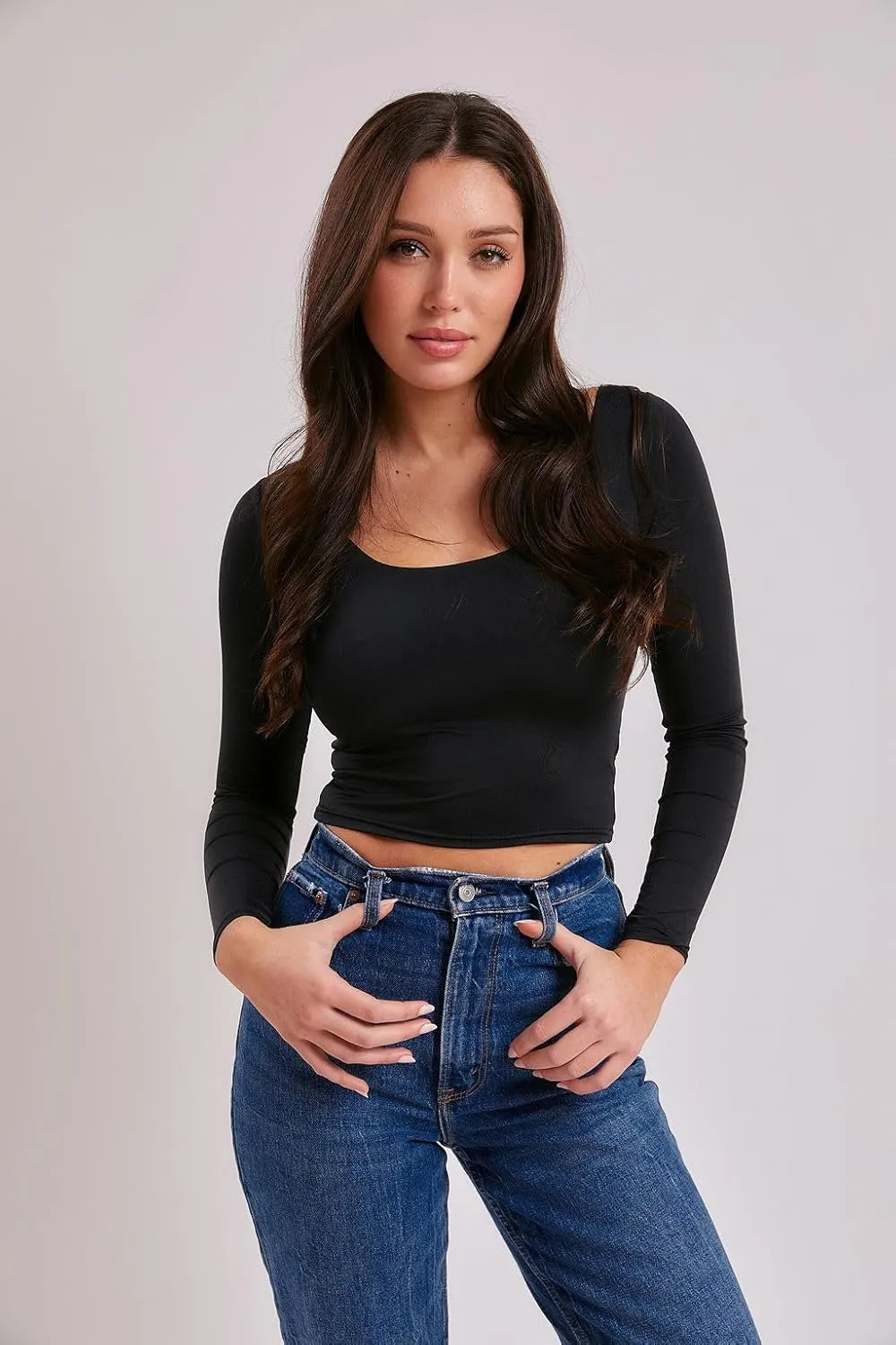 Almere Long Sleeve Top for Women, Contour Double-Lined Seamless Smooth Fabric Sleeved Basic Top w/Low Neck Cut