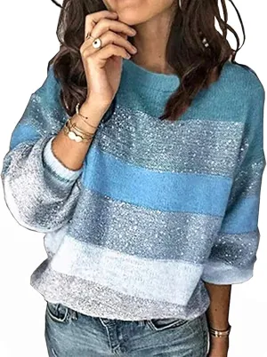 Angashion Women's Sweaters Casual Long Sleeve Crewneck Color Block Patchwork Pullover Knit Sweater Tops