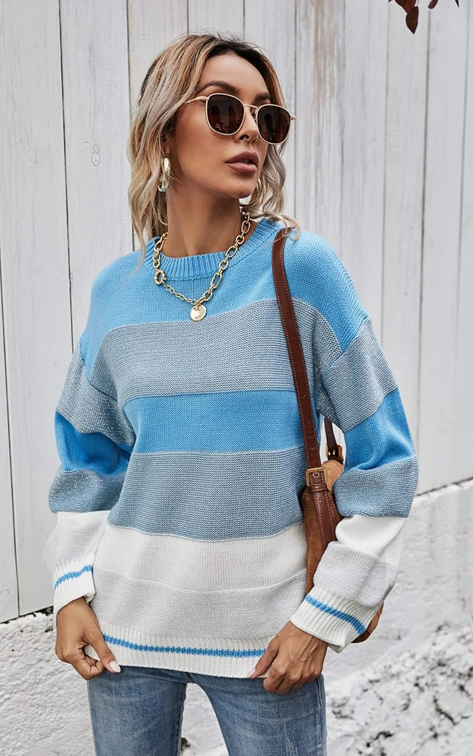 Angashion Women's Sweaters Casual Long Sleeve Crewneck Color Block Patchwork Pullover Knit Sweater Tops