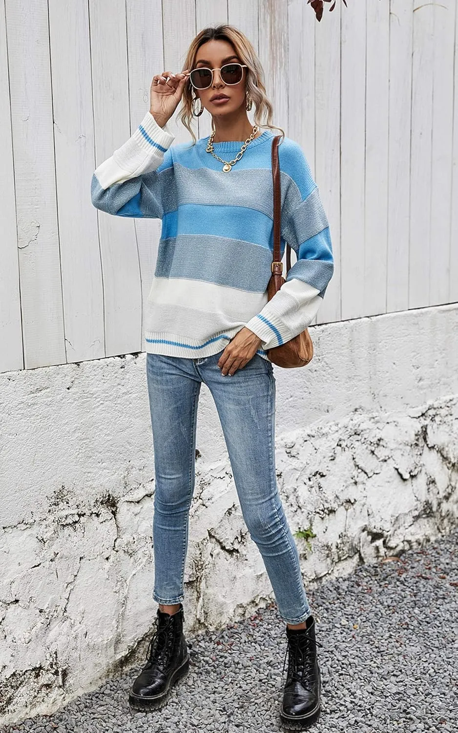 Angashion Women's Sweaters Casual Long Sleeve Crewneck Color Block Patchwork Pullover Knit Sweater Tops