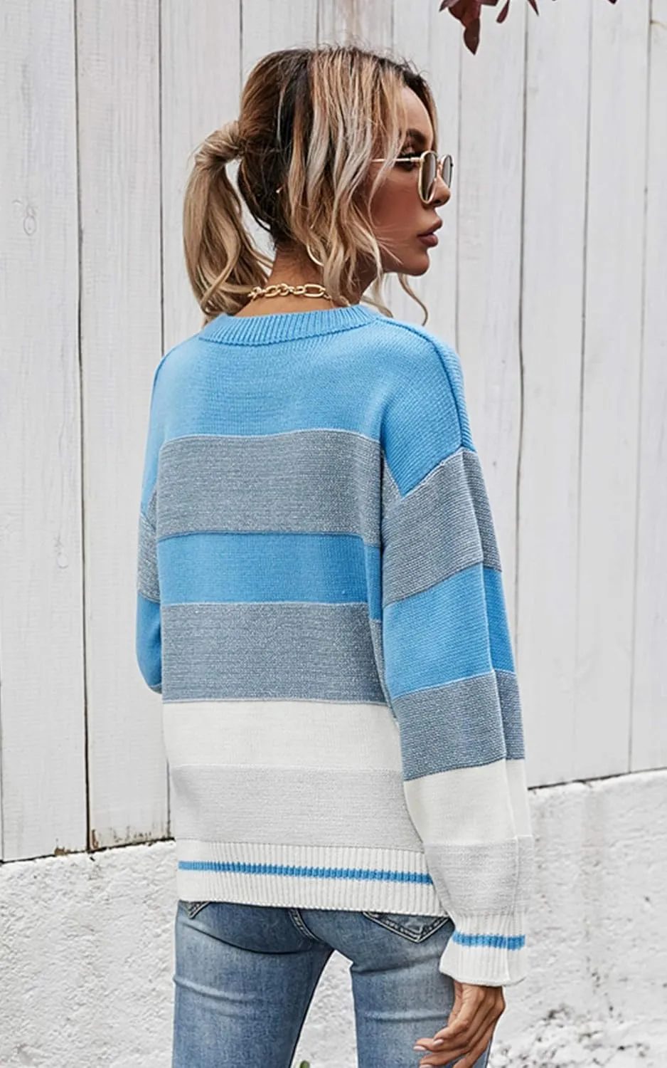 Angashion Women's Sweaters Casual Long Sleeve Crewneck Color Block Patchwork Pullover Knit Sweater Tops