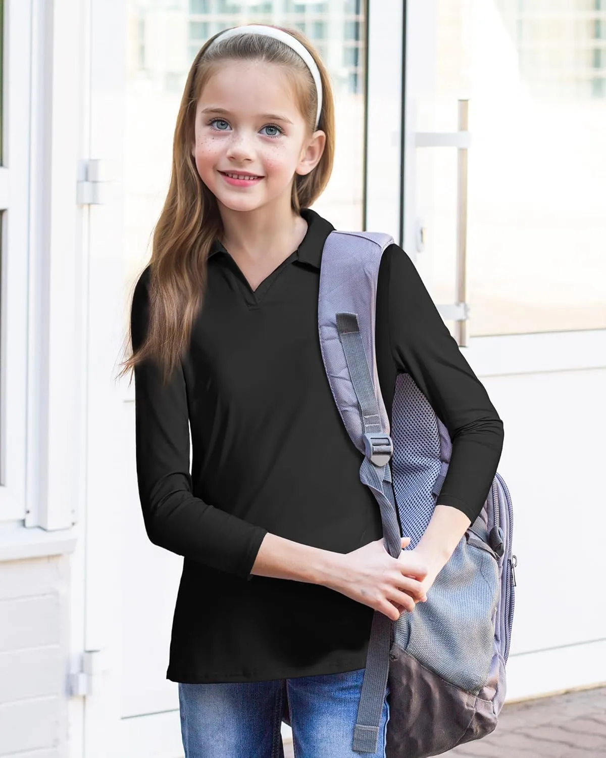 Auranso Girls 3/4 Long Sleeve Uniform Polo T-Shirts V-Neck Golf Shirt Quick-Dry Workout Tops