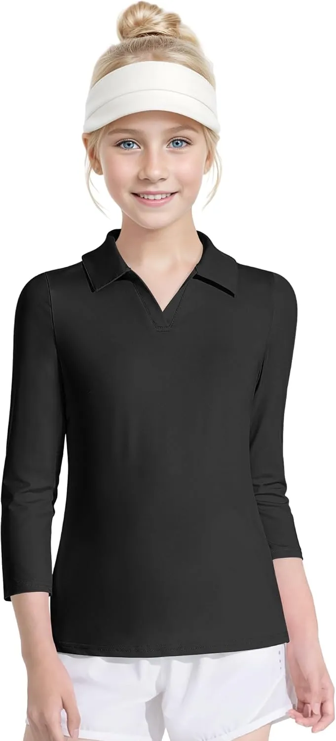 Auranso Girls 3/4 Long Sleeve Uniform Polo T-Shirts V-Neck Golf Shirt Quick-Dry Workout Tops