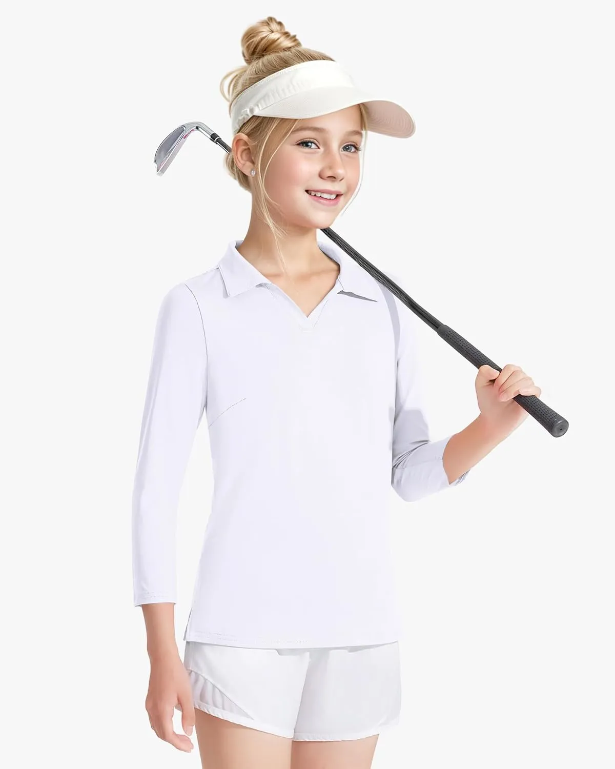 Auranso Girls 3/4 Long Sleeve Uniform Polo T-Shirts V-Neck Golf Shirt Quick-Dry Workout Tops