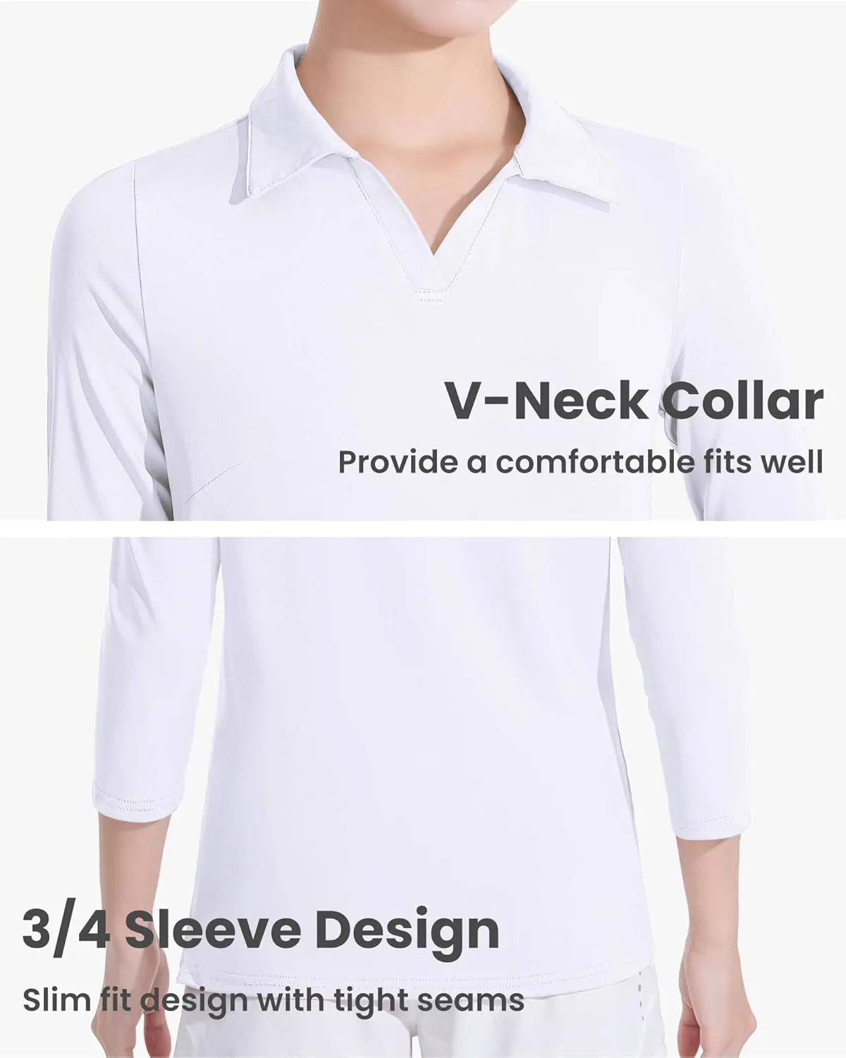 Auranso Girls 3/4 Long Sleeve Uniform Polo T-Shirts V-Neck Golf Shirt Quick-Dry Workout Tops