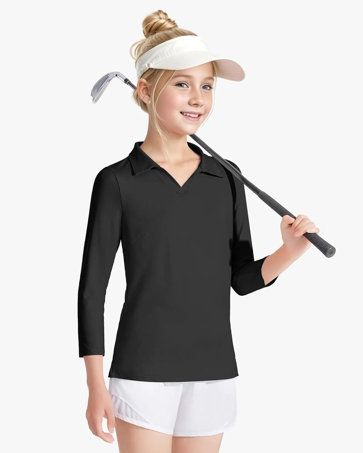 Auranso Girls 3/4 Long Sleeve Uniform Polo T-Shirts V-Neck Golf Shirt Quick-Dry Workout Tops