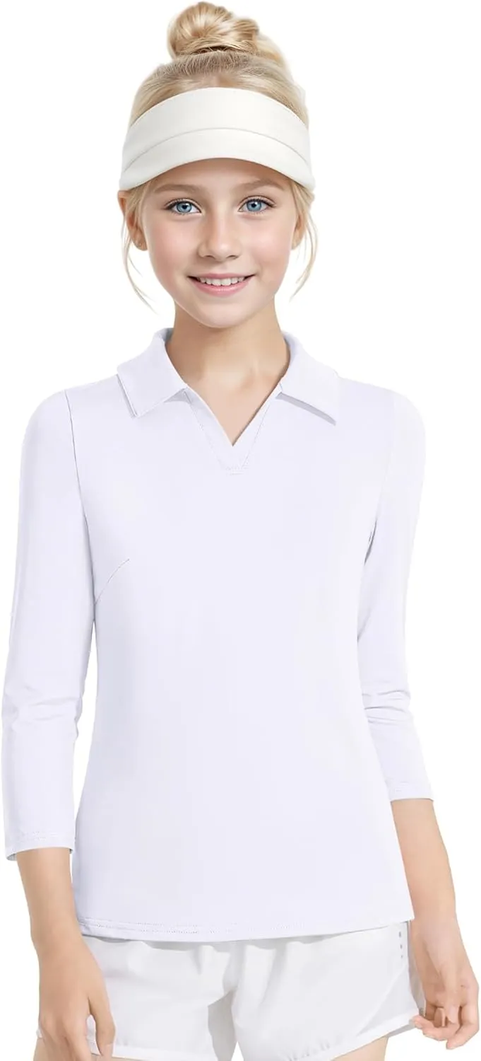 Auranso Girls 3/4 Long Sleeve Uniform Polo T-Shirts V-Neck Golf Shirt Quick-Dry Workout Tops
