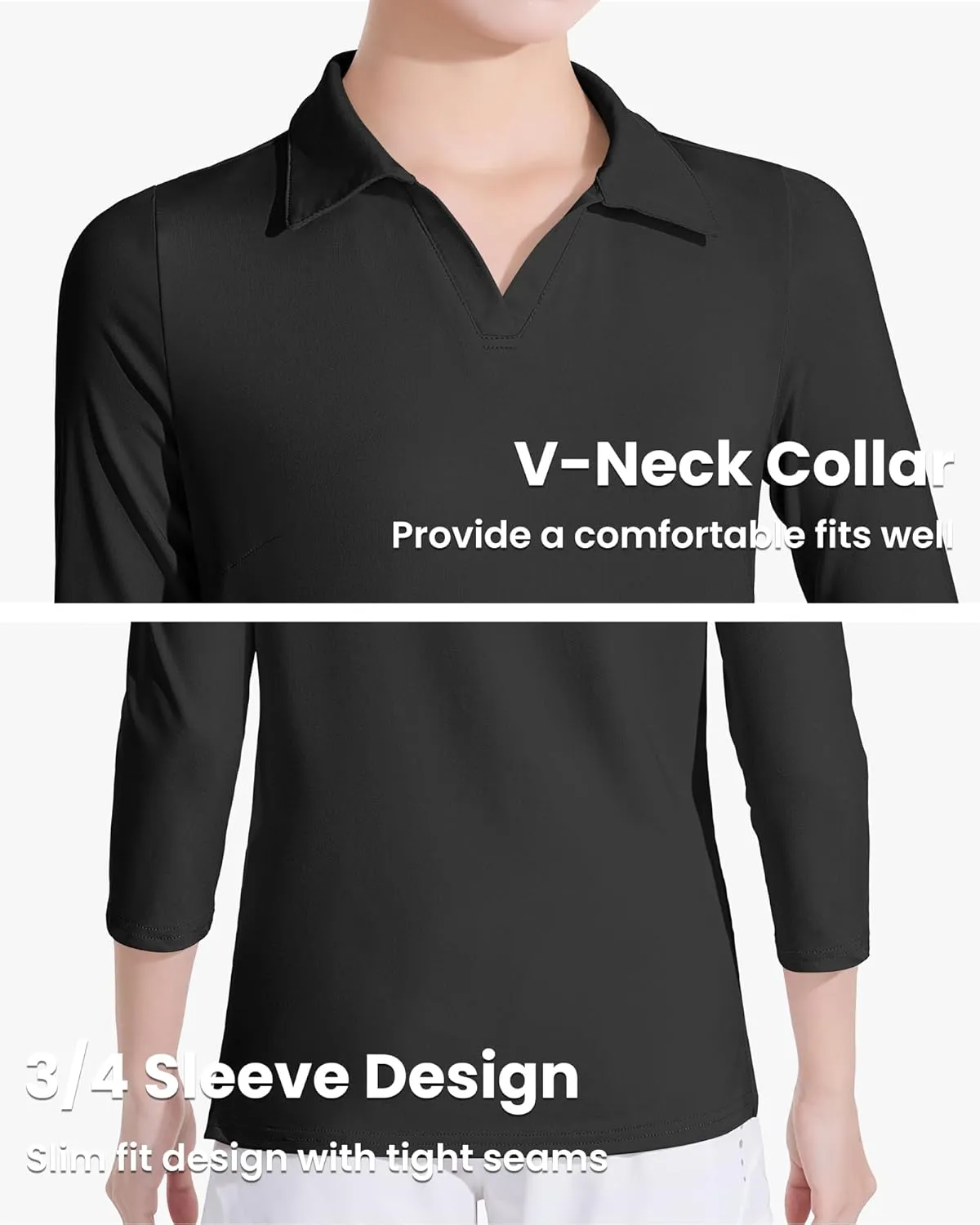 Auranso Girls 3/4 Long Sleeve Uniform Polo T-Shirts V-Neck Golf Shirt Quick-Dry Workout Tops