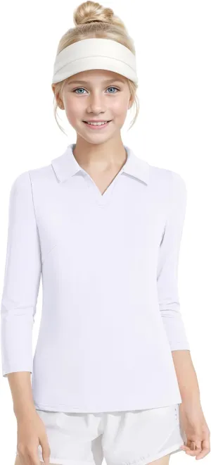 Auranso Girls 3/4 Long Sleeve Uniform Polo T-Shirts V-Neck Golf Shirt Quick-Dry Workout Tops
