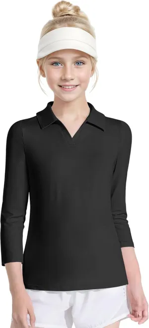Auranso Girls 3/4 Long Sleeve Uniform Polo T-Shirts V-Neck Golf Shirt Quick-Dry Workout Tops
