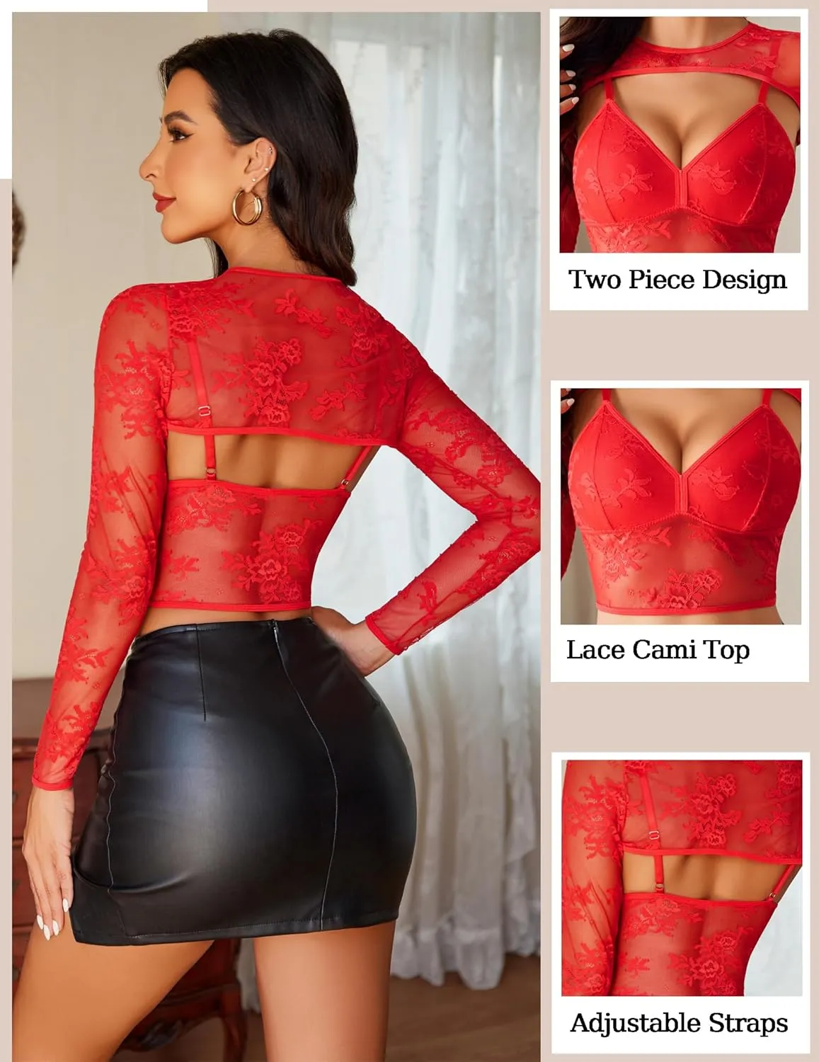 Avidlove Lace Top for Women Long Sleeve Mesh Top 2 Piece Cami Top with Shrug Crew Neck Tops Sheer Blouse See Through Crop Top