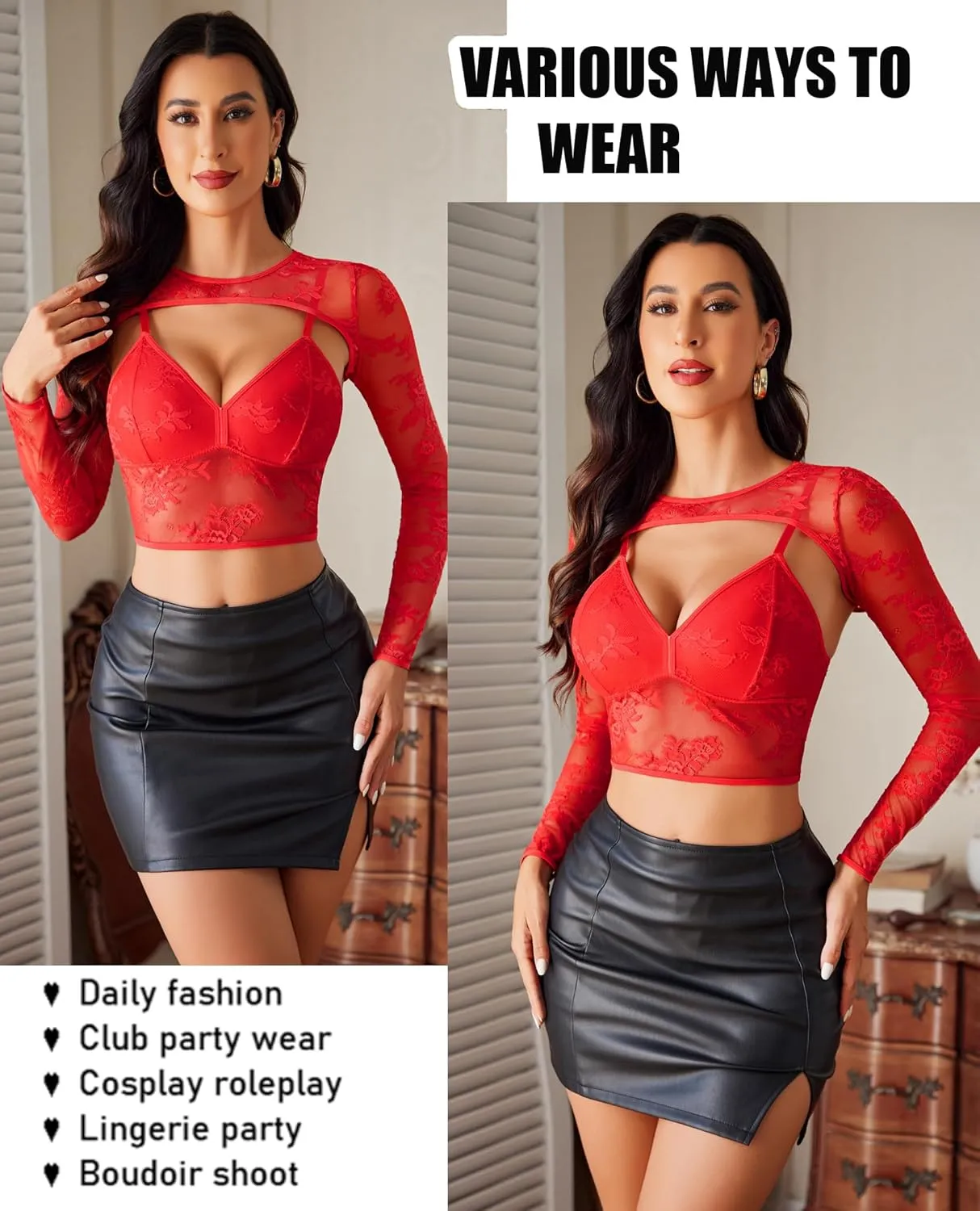 Avidlove Lace Top for Women Long Sleeve Mesh Top 2 Piece Cami Top with Shrug Crew Neck Tops Sheer Blouse See Through Crop Top