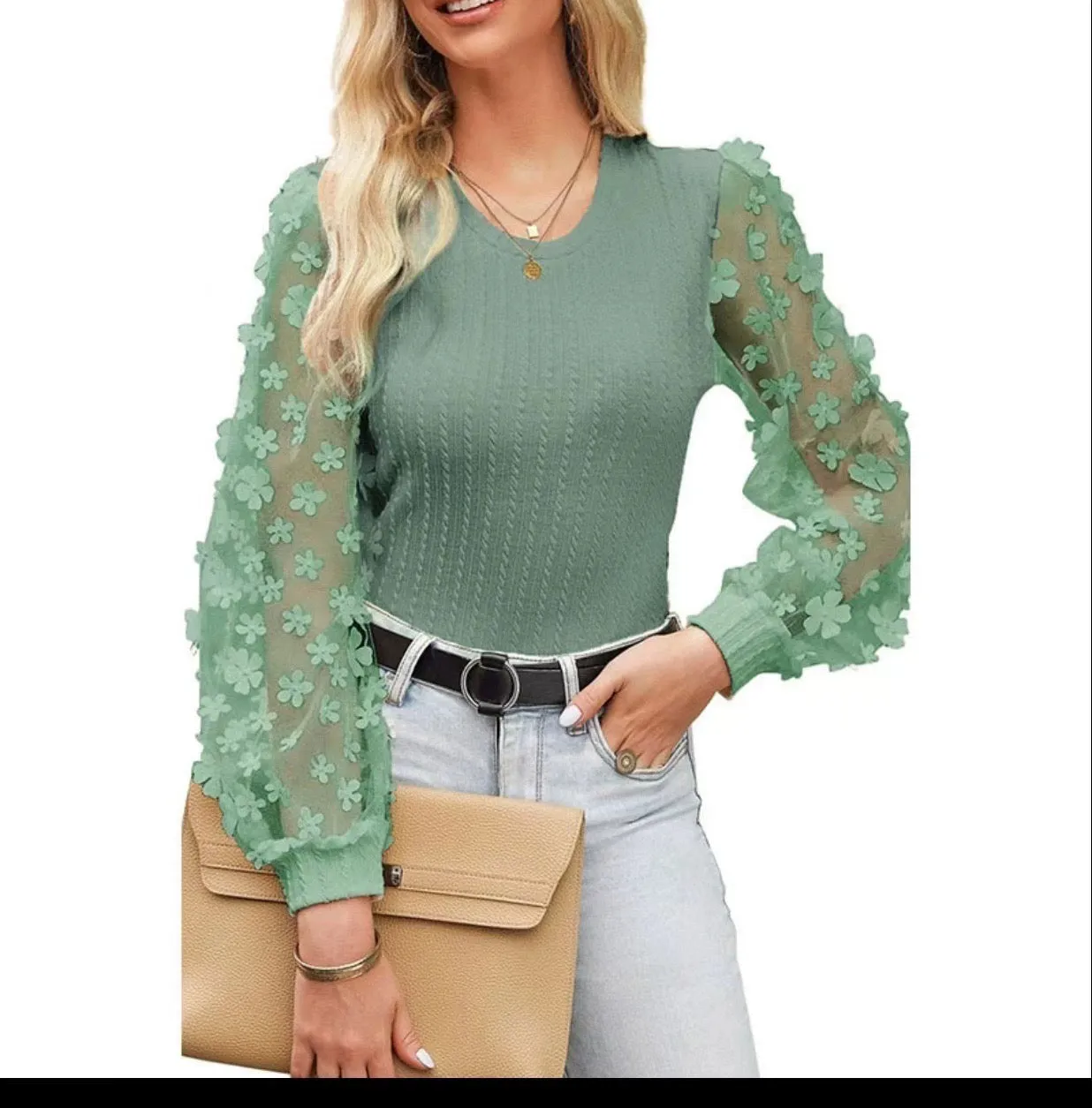 Butterfly Design Sheer Puff Sleeve Crop Top
