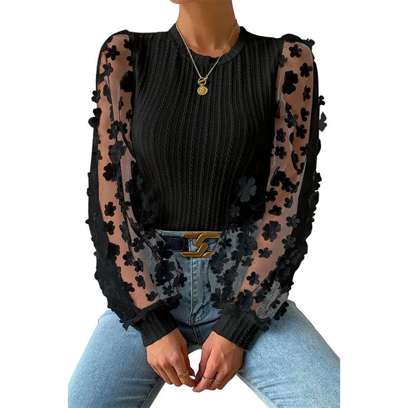 Butterfly Design Sheer Puff Sleeve Crop Top