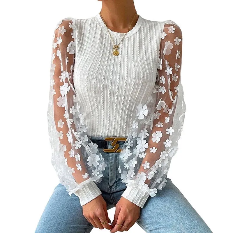 Butterfly Design Sheer Puff Sleeve Crop Top