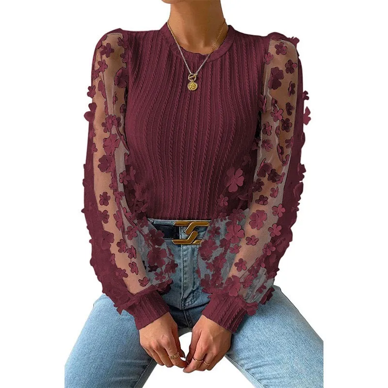 Butterfly Design Sheer Puff Sleeve Crop Top