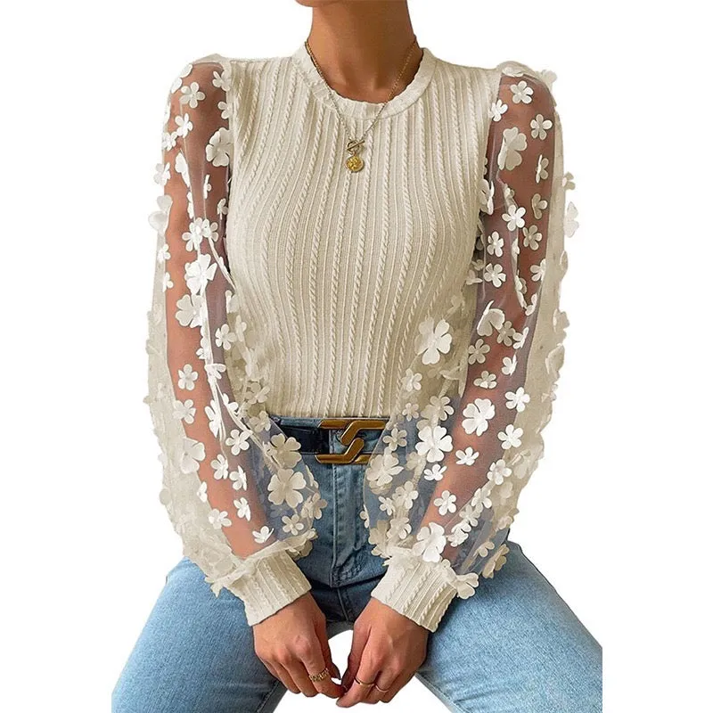 Butterfly Design Sheer Puff Sleeve Crop Top