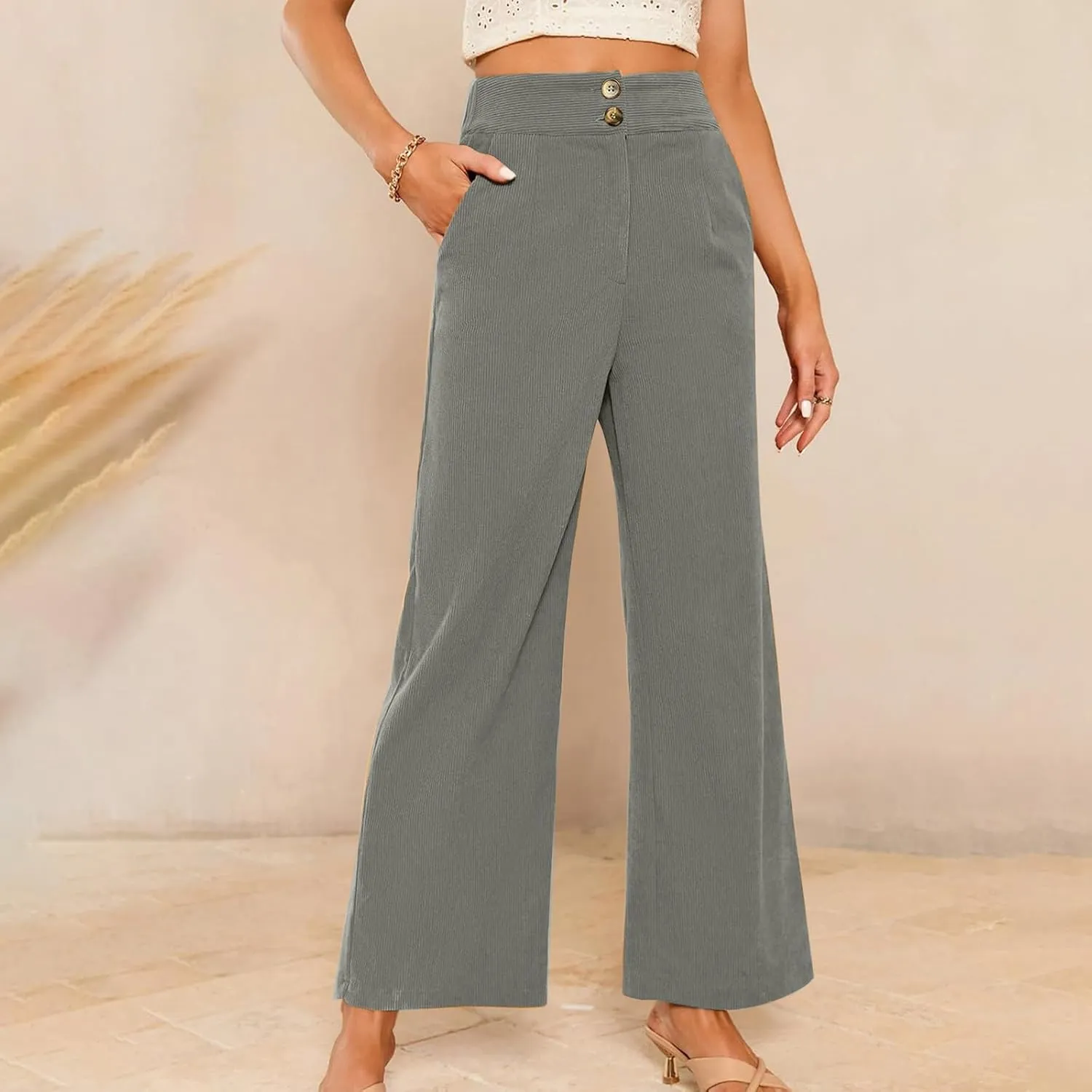 Corduroy Pants for Women Wide Leg High Waist Loose Comfy Trousers Velvet Flare Casual Bell Bottom Pants with Pockets