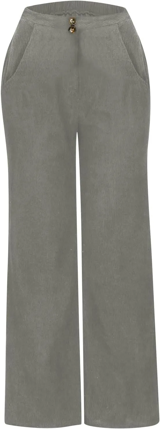 Corduroy Pants for Women Wide Leg High Waist Loose Comfy Trousers Velvet Flare Casual Bell Bottom Pants with Pockets
