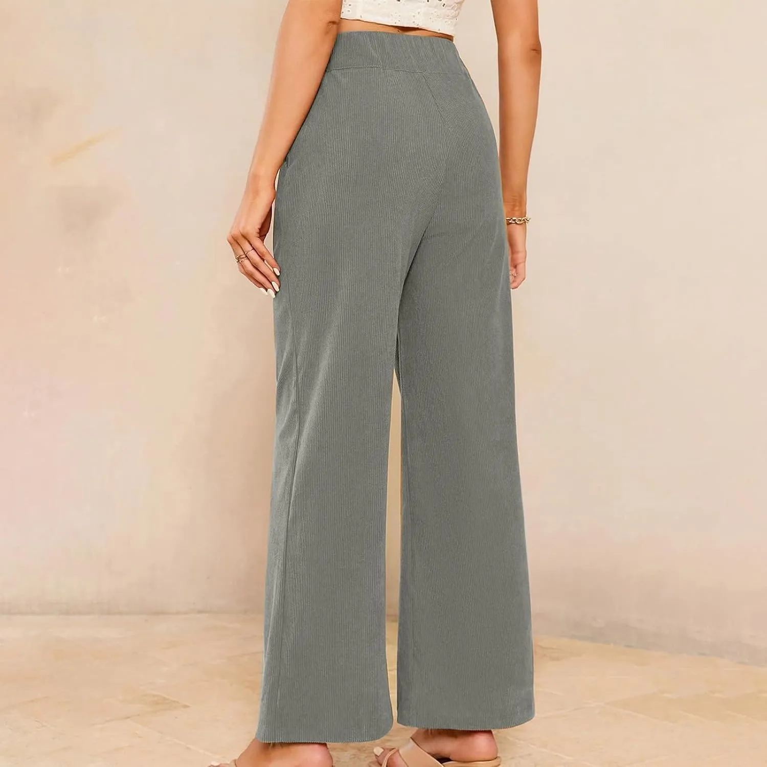 Corduroy Pants for Women Wide Leg High Waist Loose Comfy Trousers Velvet Flare Casual Bell Bottom Pants with Pockets