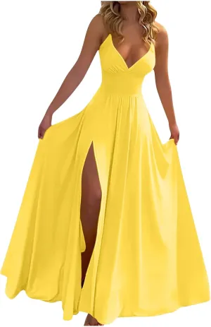 Dresses for Women Sexy Low Cut Wrap V Neck Tie Up Backless Pleated Maxi Dress Side Split Cocktail Wedding Party Gowns