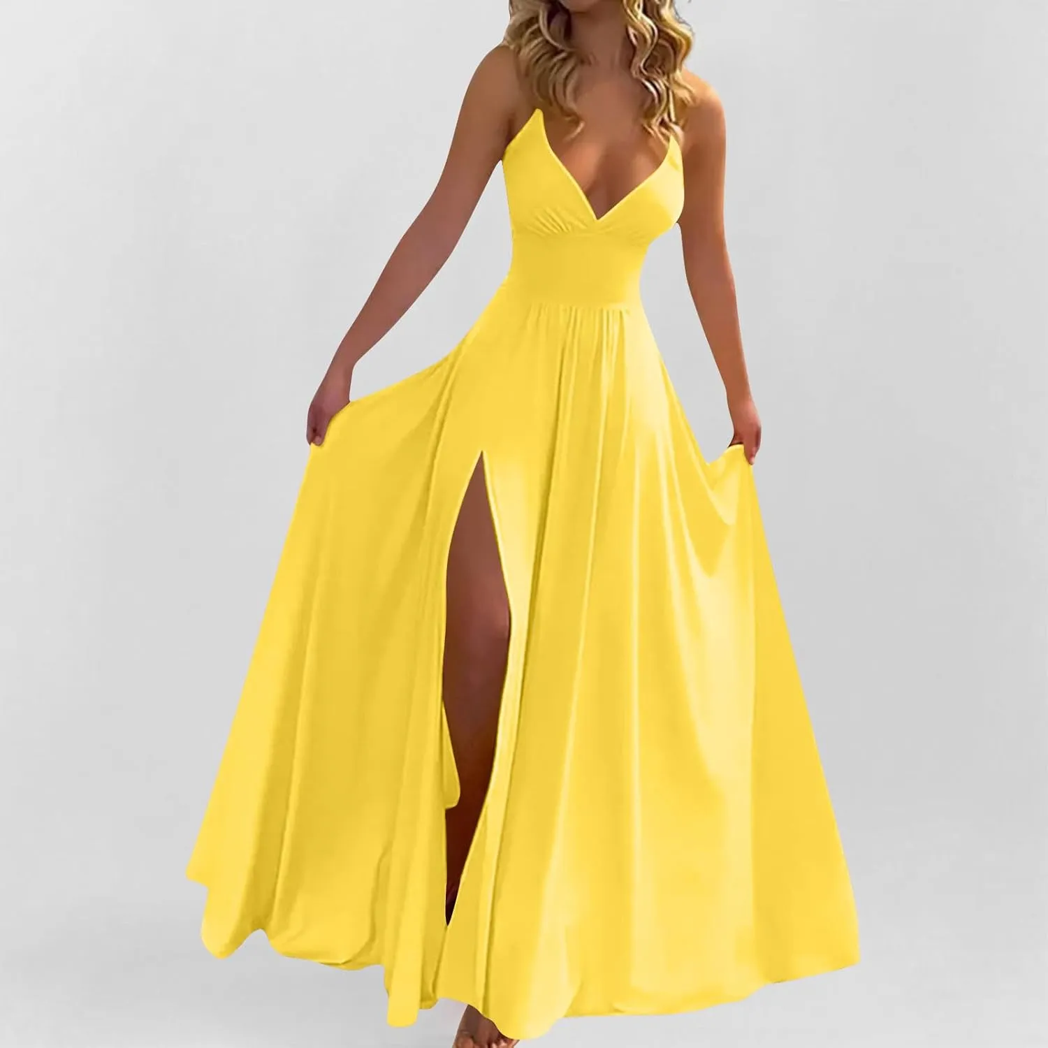 Dresses for Women Sexy Low Cut Wrap V Neck Tie Up Backless Pleated Maxi Dress Side Split Cocktail Wedding Party Gowns
