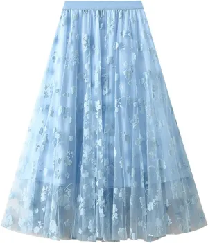 French Style Mesh Splicing Flocking Large Hem Skirt for Women 2024 Waist Slimming A Line Skirt Ruffle