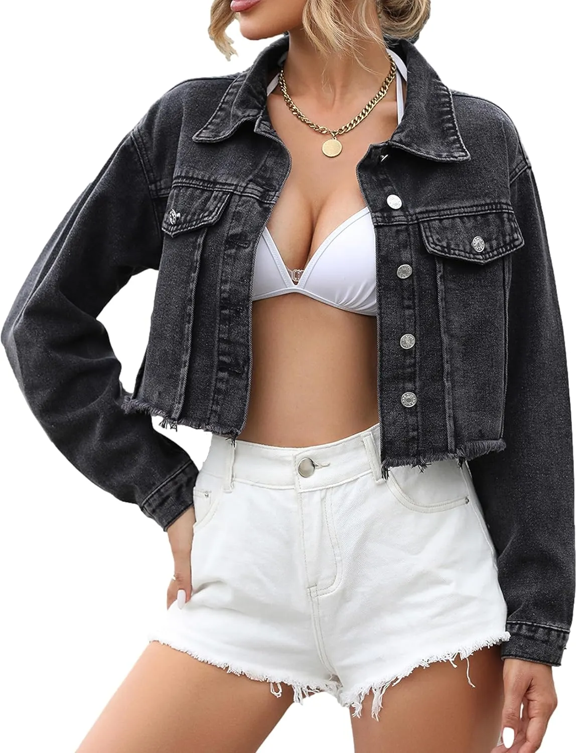 HangNiFang Women's Long Sleeve Button Down Cropped Denim Jacket Frayed Hem Jean Jacket