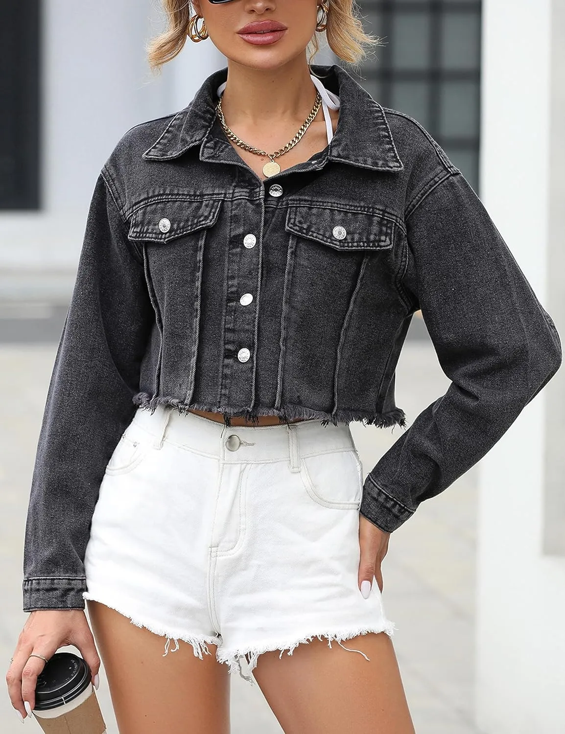 HangNiFang Women's Long Sleeve Button Down Cropped Denim Jacket Frayed Hem Jean Jacket