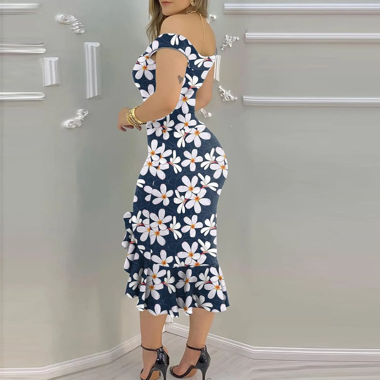 iQKA Women Sexy Cocktail Dress Ruffle Hem Sling Dresses Floral Print V Neck Sleeveless Pencil Dress Vestidos