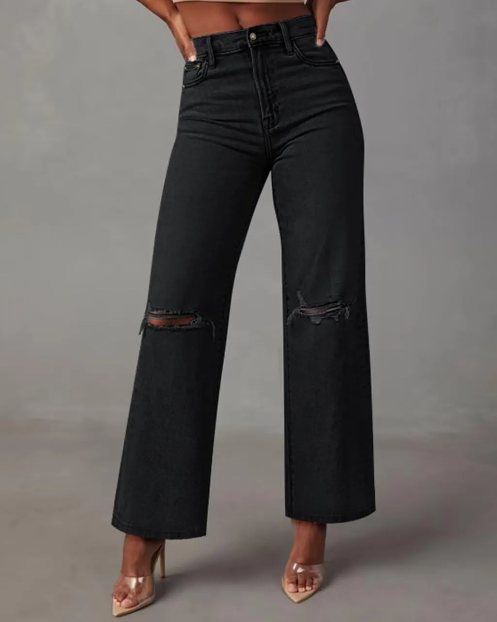 KDF Straight Leg Jeans for Women High Waisted Jeans Frayed Baggy Pants Raw Hem Loose Stretchy Cropped Wide Leg Jeans