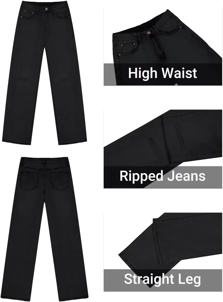KDF Straight Leg Jeans for Women High Waisted Jeans Frayed Baggy Pants Raw Hem Loose Stretchy Cropped Wide Leg Jeans