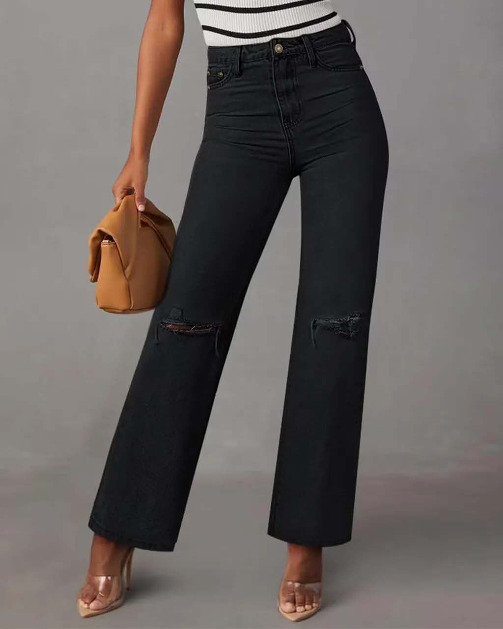 KDF Straight Leg Jeans for Women High Waisted Jeans Frayed Baggy Pants Raw Hem Loose Stretchy Cropped Wide Leg Jeans