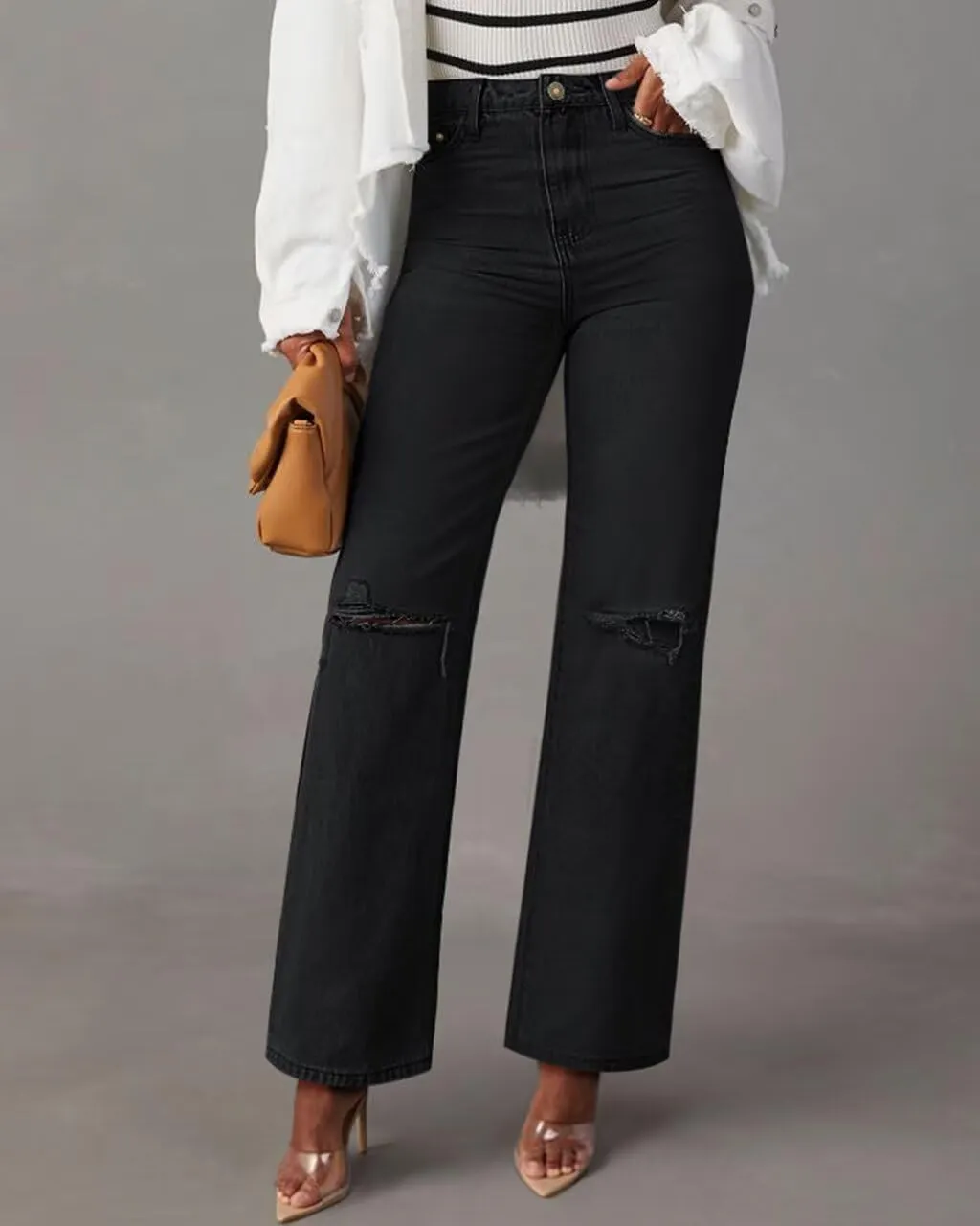 KDF Straight Leg Jeans for Women High Waisted Jeans Frayed Baggy Pants Raw Hem Loose Stretchy Cropped Wide Leg Jeans