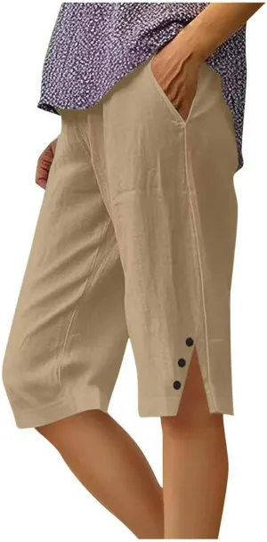 Linen Capri Pants for Women Casual High Waist Wide Leg Cropped Pants Trousers Buttons Trim with Pockets
