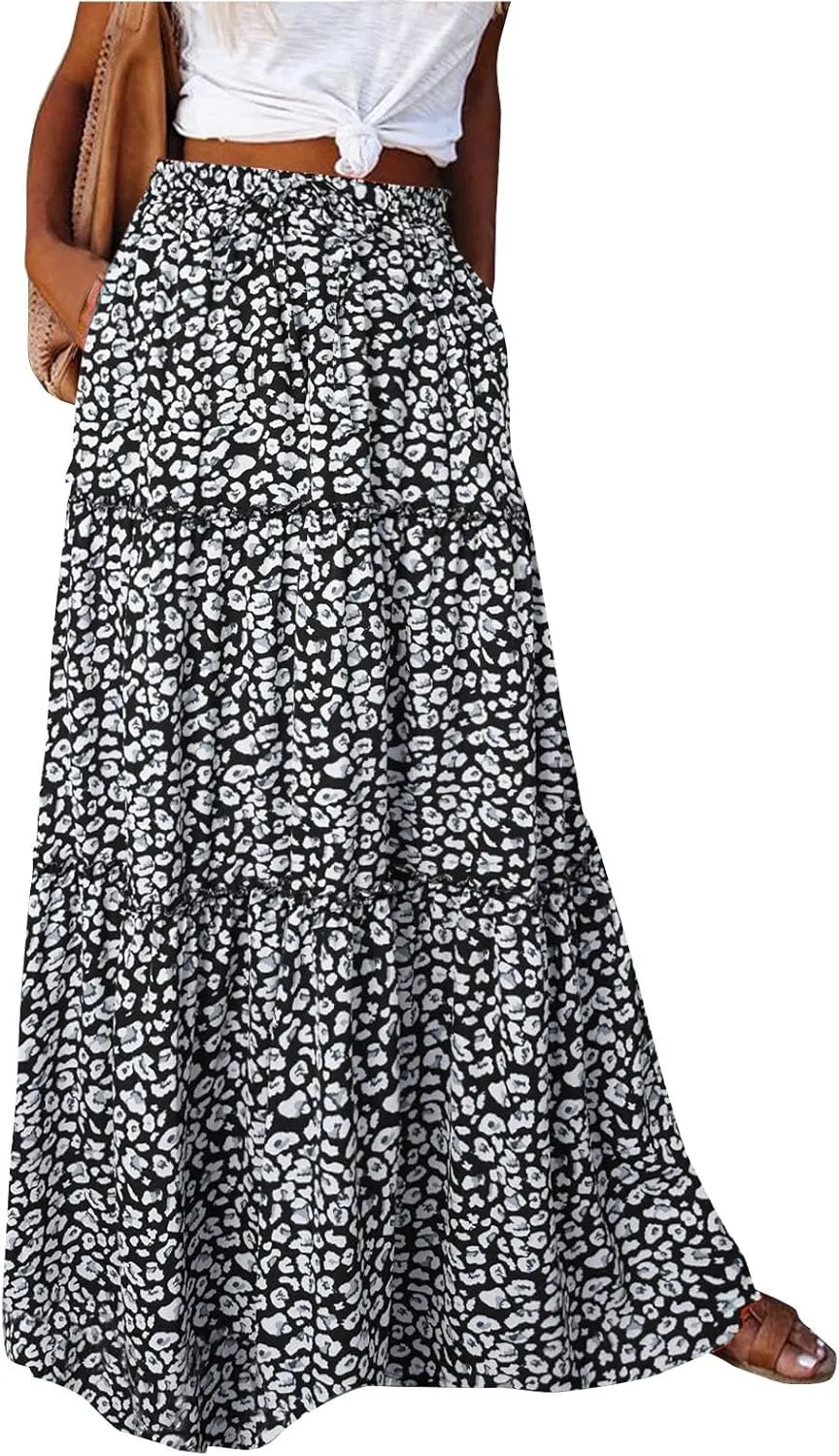 Long Skirts for Women Boho Floral High Waisted Casual A Line Skirt Pleated Beach Flowy Swing Maxi Skirts