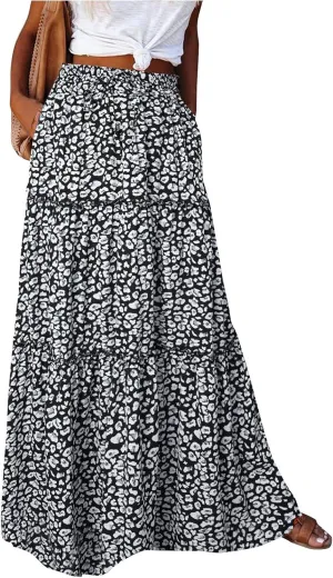 Long Skirts for Women Boho Floral High Waisted Casual A Line Skirt Pleated Beach Flowy Swing Maxi Skirts