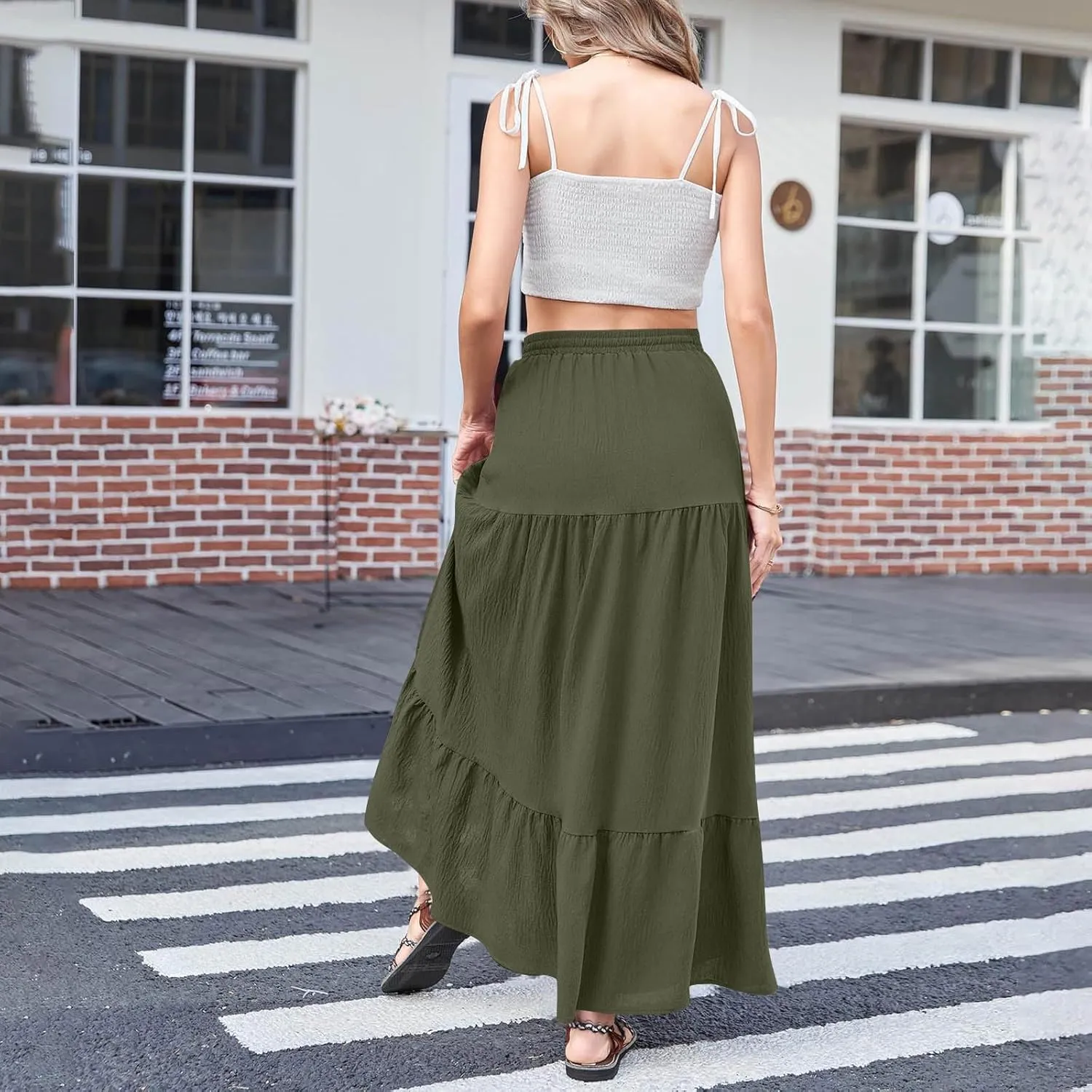 Long Split Skirt for Women Cotton Boho Maxi Elastic Waist Skirts Vacation Tiered Puffle Swing A Line Chiffon Skirt