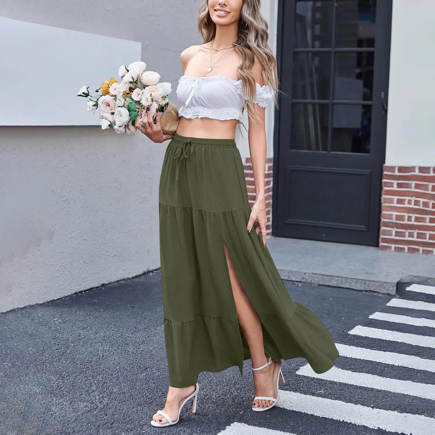 Long Split Skirt for Women Cotton Boho Maxi Elastic Waist Skirts Vacation Tiered Puffle Swing A Line Chiffon Skirt