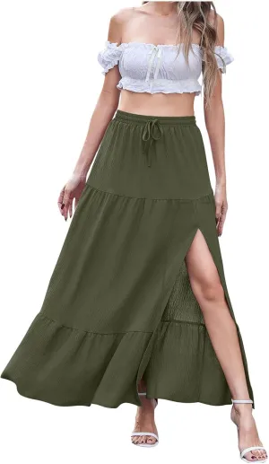 Long Split Skirt for Women Cotton Boho Maxi Elastic Waist Skirts Vacation Tiered Puffle Swing A Line Chiffon Skirt