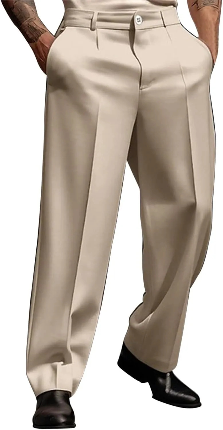 Mens Dress Pants Wide Leg Pleat Front Long Pants High Waisted Button Zipper Fly Suit Trousers Business Work Clothes