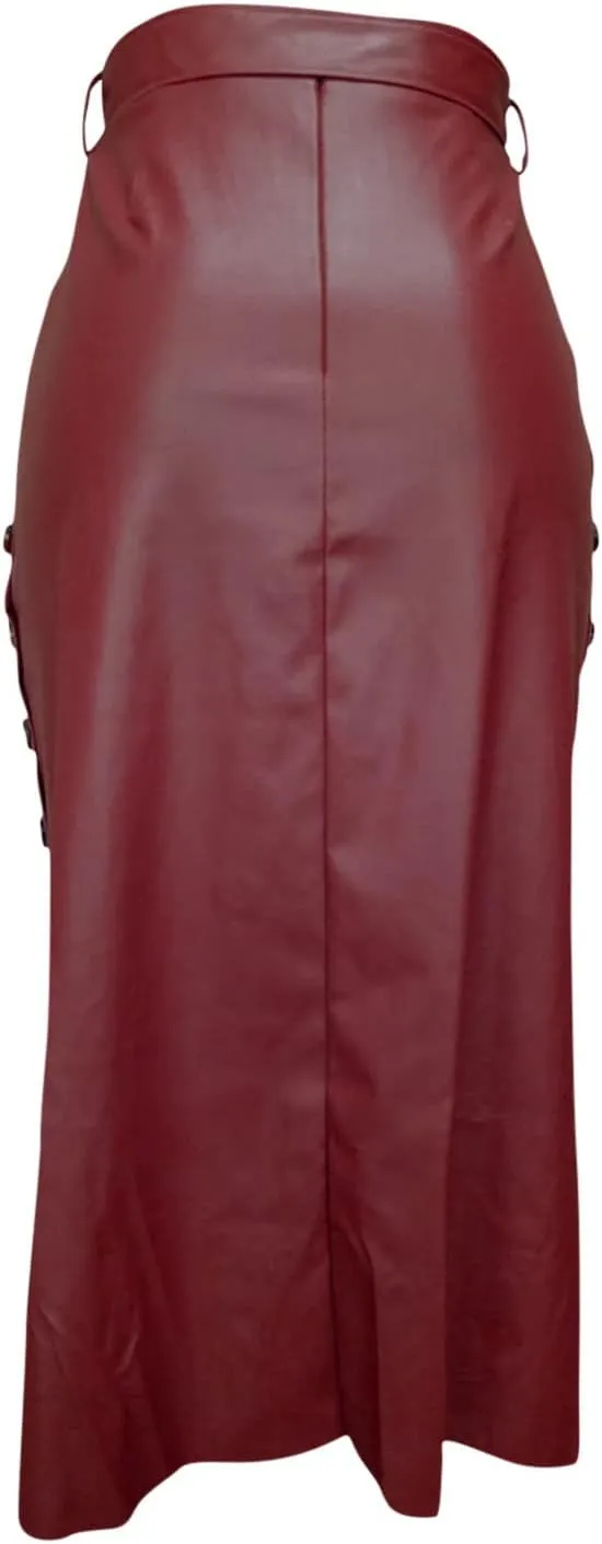 Midi Pencil Skirts for Women's Knee Length Faux Leather Skirts with Belt High Waisted Front Slit Pencil Skirt