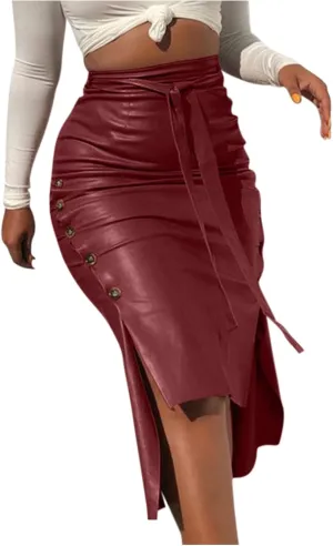 Midi Pencil Skirts for Women's Knee Length Faux Leather Skirts with Belt High Waisted Front Slit Pencil Skirt