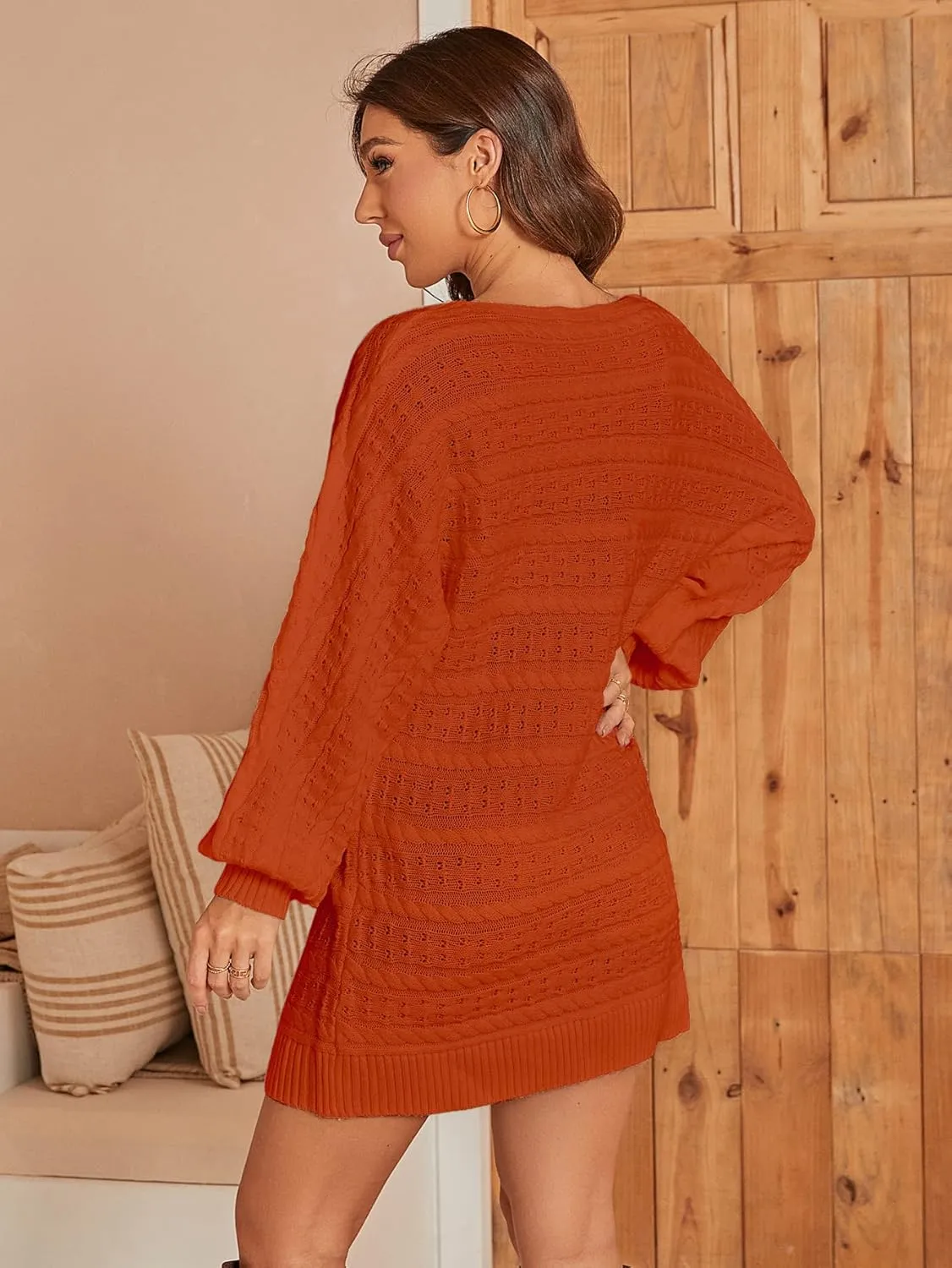 Miessial Women's Loose Oversized Cable Knit Sweater Mini Dress Casual Crewneck Long Sleeve Pullover Sweater Dress