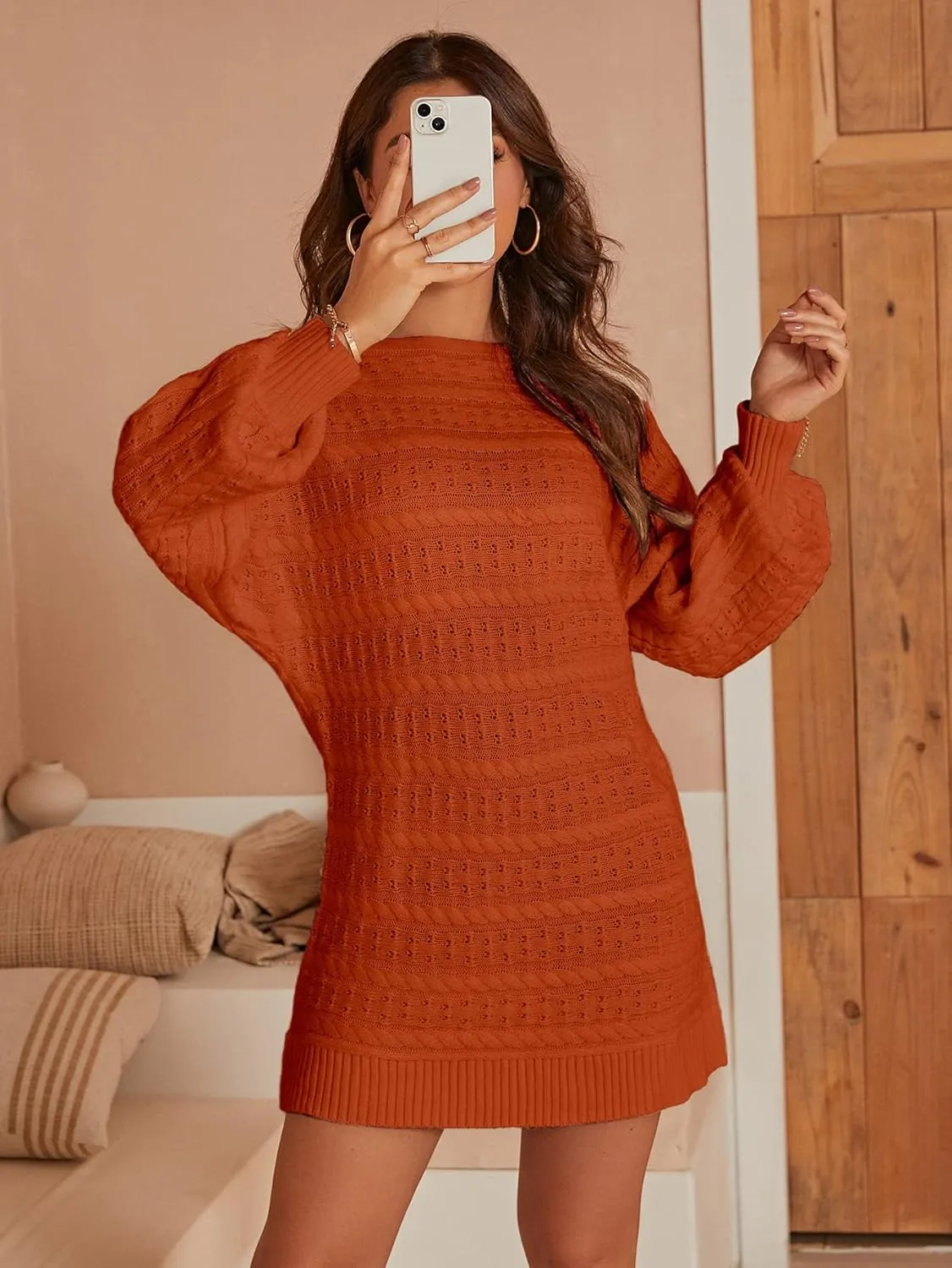 Miessial Women's Loose Oversized Cable Knit Sweater Mini Dress Casual Crewneck Long Sleeve Pullover Sweater Dress